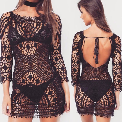 Load image into Gallery viewer, Sexy Black Lace Crochet Knitted Backless Beach Cover Up-women fitness-wanahavit-Black-One Size-wanahavit
