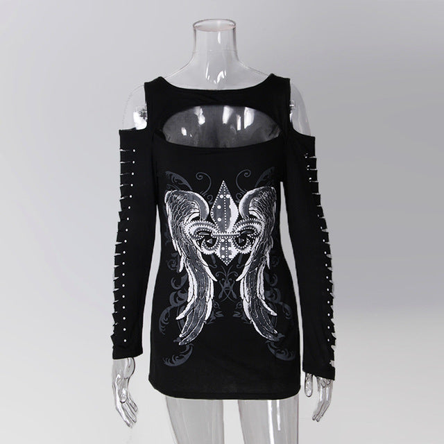 Wings Printed Punk Hollow Out Long Sleeve-women-wanahavit-Black-L-wanahavit