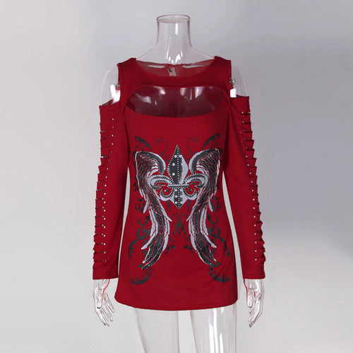 Load image into Gallery viewer, Wings Printed Punk Hollow Out Long Sleeve-women-wanahavit-Red-S-wanahavit

