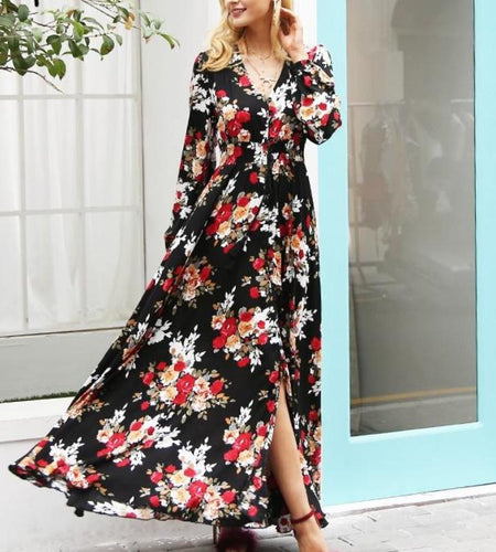 Elegant Floral Print Boho Drawstring Long Maxi Dress-women-wanahavit-Print-S-wanahavit