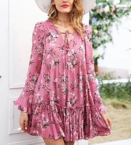 Lace Up Floral Print Long Sleeve Ruffle Dress-women-wanahavit-Pink-S-wanahavit