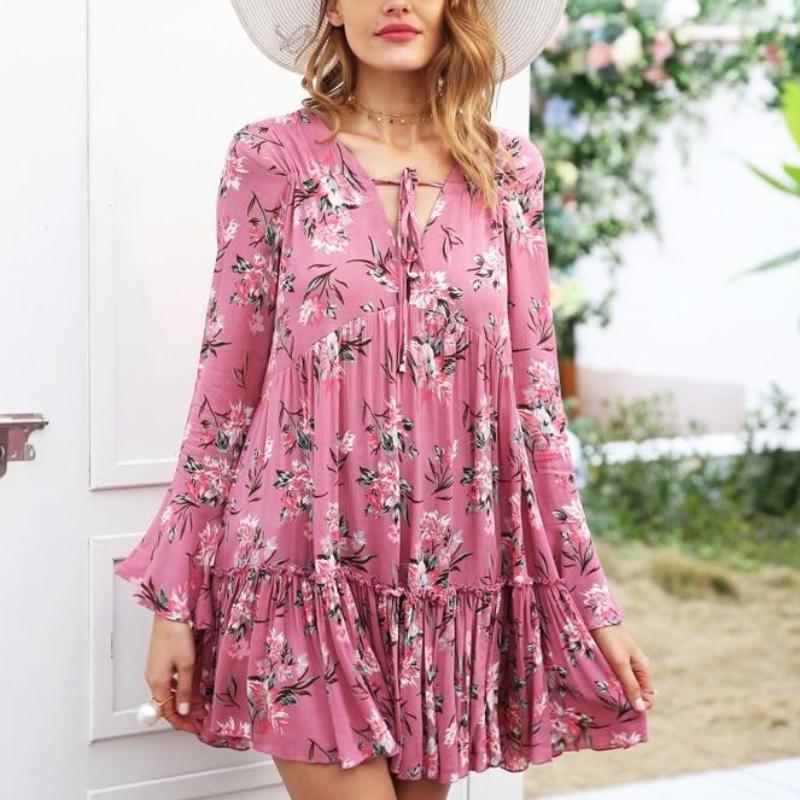 Lace Up Floral Print Long Sleeve Ruffle Dress-women-wanahavit-Pink-S-wanahavit