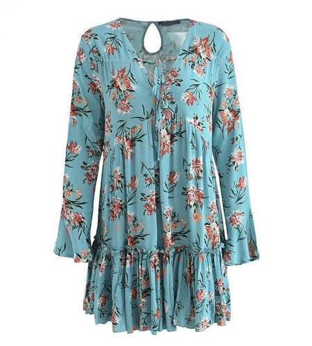 Lace Up Floral Print Long Sleeve Ruffle Dress-women-wanahavit-Bluegreen-S-wanahavit