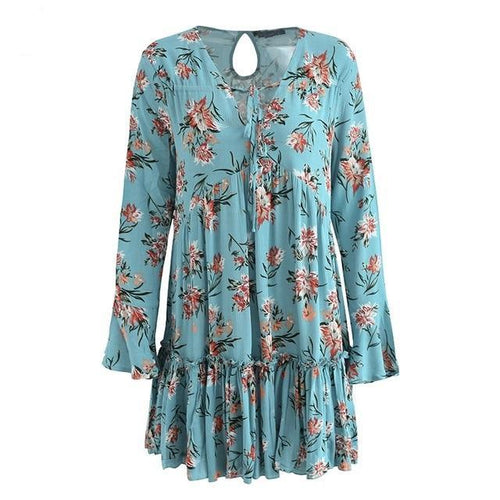 Lace Up Floral Print Long Sleeve Ruffle Dress for women wanahavit