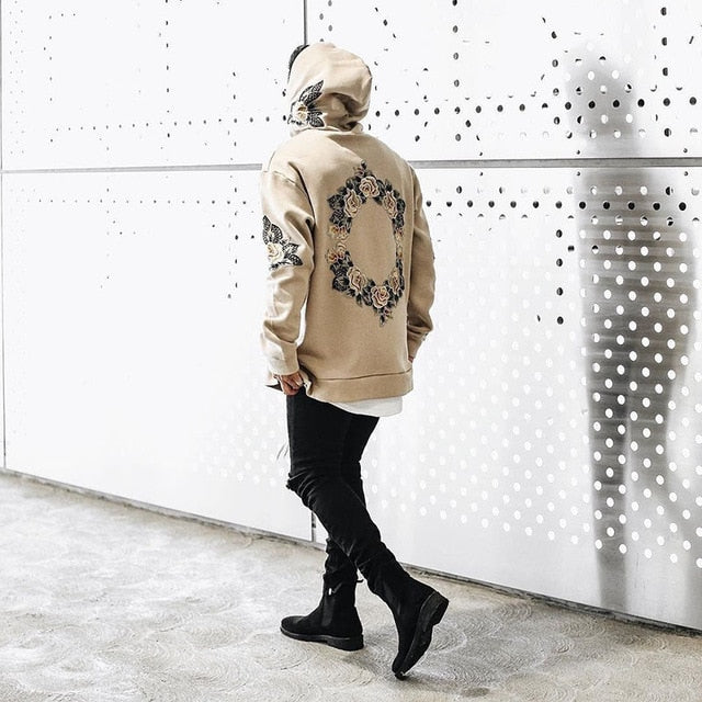 Embroidery Floral Hooded Pullover Hooded Sweatshirt-unisex-wanahavit-khaki-S-wanahavit