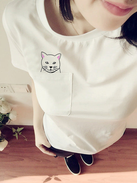 Cute Printed PocketTees-women-wanahavit-white cat-S-wanahavit