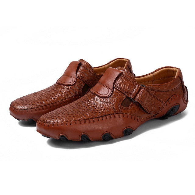 Genuine Leather Driving Moccasins Strapped Shoes-men-wanahavit-Brown With Holes-6-wanahavit