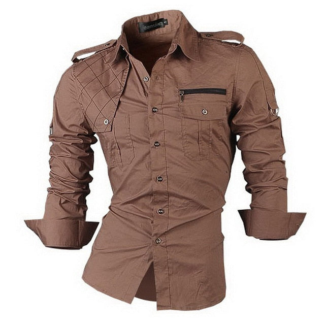 Patchwork Casual Slim Fit Long Sleeve Shirt #8371-men-wanahavit-Khaki-S-wanahavit