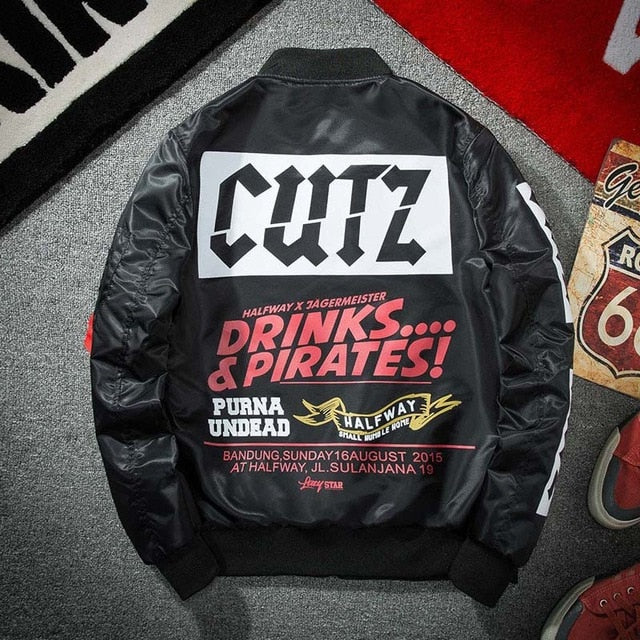 Drink & Pirates Letter Print Pilot Bomber Hip Hop Jacket-unisex-wanahavit-black-S-wanahavit