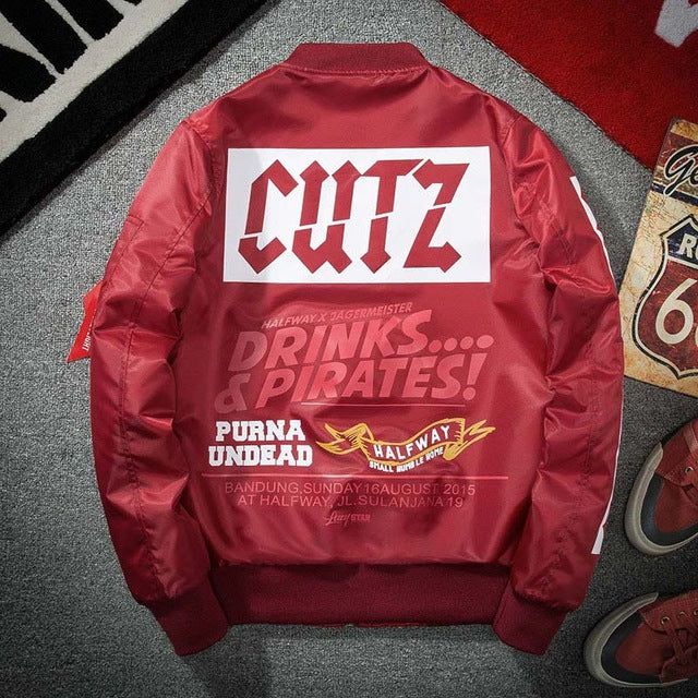 Drink & Pirates Letter Print Pilot Bomber Hip Hop Jacket-unisex-wanahavit-red-S-wanahavit