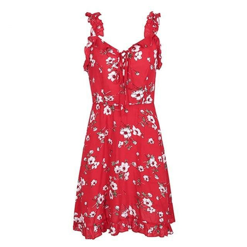 Load image into Gallery viewer, Fashion Ruffle Neck Strap Floral Print Backless Dress-women-wanahavit-red print-S-wanahavit
