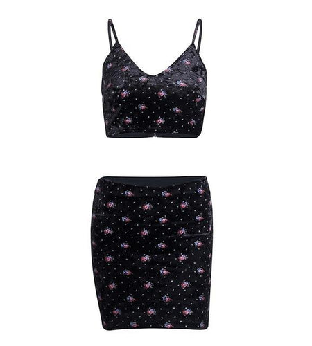 Casual Floral Printed Strap Velvet Autumn Two Piece Dress-women-wanahavit-Black-S-wanahavit