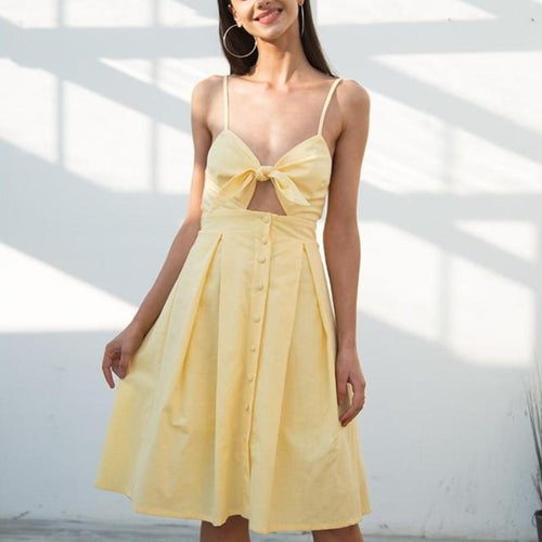 Load image into Gallery viewer, Hollow Out Bow Knot Backless Midi Dress-women-wanahavit-Yellow-S-wanahavit
