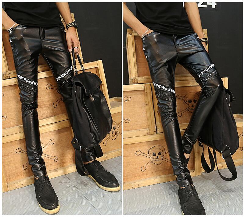 Rivet Sequined Designer Harem Faux Leather Pencil Pants-men-wanahavit-Black-28-wanahavit