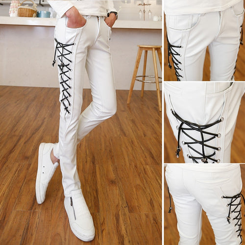 Load image into Gallery viewer, Side Lace Up Designer Harem Faux Leather Pencil Pants-men-wanahavit-White-27-wanahavit
