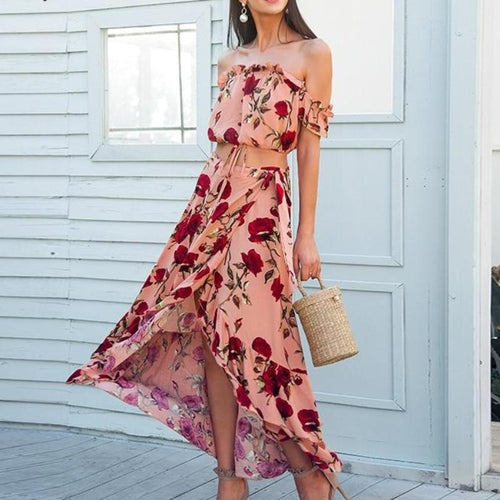 Load image into Gallery viewer, Off Shoulder Ruffle Maxi Backless Wrap Long Dress-women-wanahavit-Print-S-wanahavit
