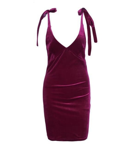 Strap Tie Up Velvet Winter Short Dress-women-wanahavit-Burgundy-S-wanahavit
