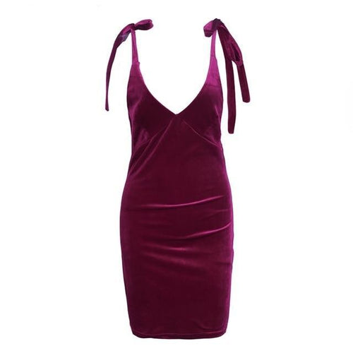 Load image into Gallery viewer, Strap Tie Up Velvet Winter Short Dress-women-wanahavit-Burgundy-S-wanahavit
