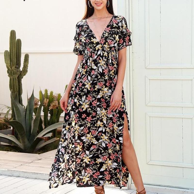 Deep V Neck Floral Print Elegant Split Maxi Dress-women-wanahavit-Print-S-wanahavit