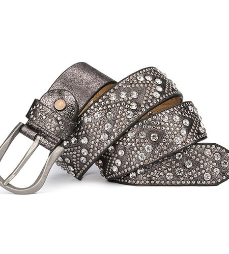 Cowboy Jeans Metal Rivet Leather Belt-women-wanahavit-CM010 Gray-95CM-wanahavit