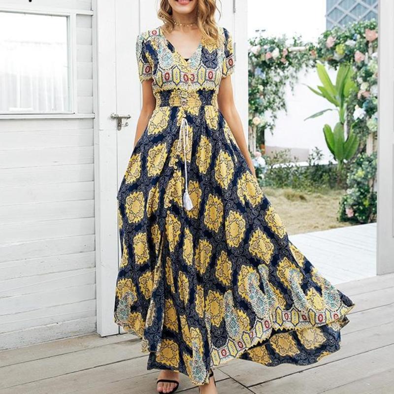Boho Chic High Waist Shirred Floral Print Maxi Dress-women-wanahavit-Print1-S-wanahavit
