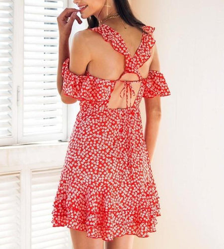 Floral Print Mini Ruffle Frill Strap Backless Tie Up Dress-women-wanahavit-Red-S-wanahavit