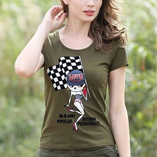 Load image into Gallery viewer, Racer Army Girl Camouflage Cartoon Print Shirt-women-wanahavit-rmy green-M-wanahavit
