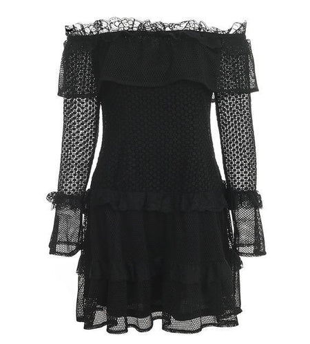 Off Shoulder Ruffle Lace Sexy Hollow Out Mini Dress-women-wanahavit-Black-S-wanahavit