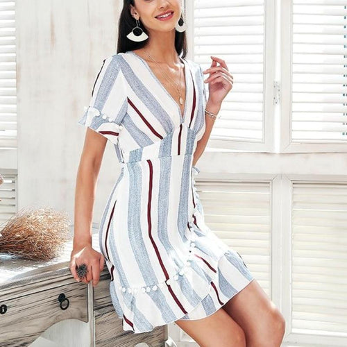 Load image into Gallery viewer, V neck Stripe Ruffle Summer Wrap Dress-women-wanahavit-Stripe1-S-wanahavit
