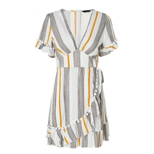 Load image into Gallery viewer, V neck Stripe Ruffle Summer Wrap Dress-women-wanahavit-Stripe2-S-wanahavit
