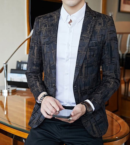 Elegant Dark Print One Button Blazer-men-wanahavit-khaki-L-wanahavit