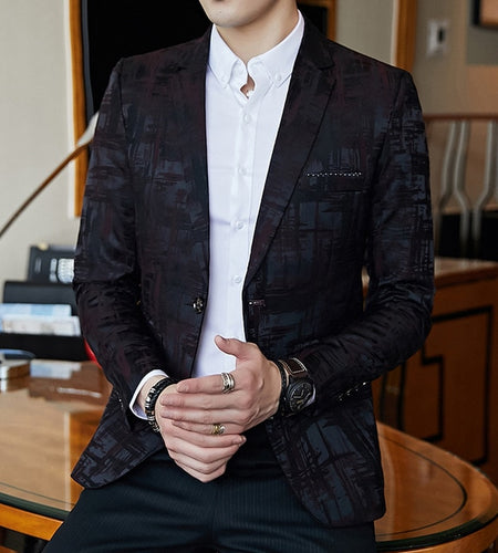 Elegant Dark Print One Button Blazer-men-wanahavit-wine red-L-wanahavit
