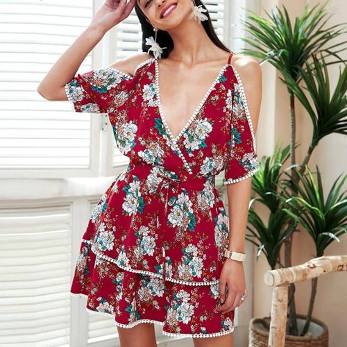 Load image into Gallery viewer, V Neck Cold Shoulder Lace Up Boho Summer Dress-women-wanahavit-Red-S-wanahavit
