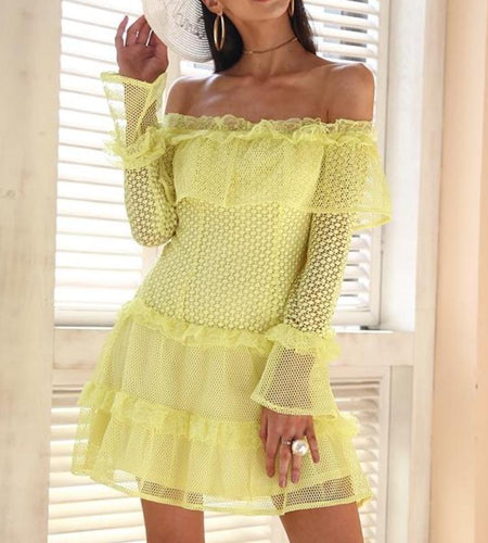 Off Shoulder Ruffle Lace Sexy Hollow Out Mini Dress-women-wanahavit-Yellow-S-wanahavit
