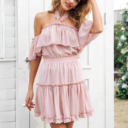 Load image into Gallery viewer, Halter Off Shoulder Summer Ruffle Dress-women-wanahavit-Nude pink-S-wanahavit
