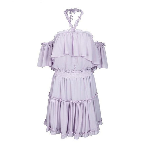 Load image into Gallery viewer, Halter Off Shoulder Summer Ruffle Dress-women-wanahavit-Grayish purple-S-wanahavit
