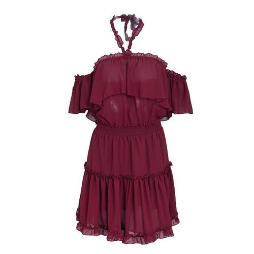 Load image into Gallery viewer, Halter Off Shoulder Summer Ruffle Dress-women-wanahavit-Purplish red-S-wanahavit
