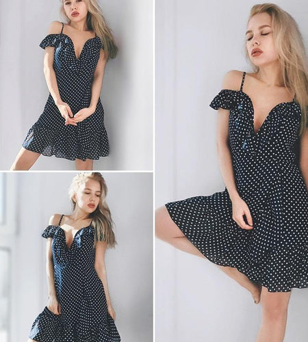 Strap V Neck Polka Dot Backless Mini Summer Dress-women-wanahavit-Navy Blue-S-wanahavit