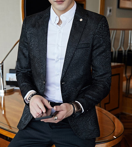Elegant Rose Jacquard Print Slim Fit Blazer-men-wanahavit-black-M-wanahavit