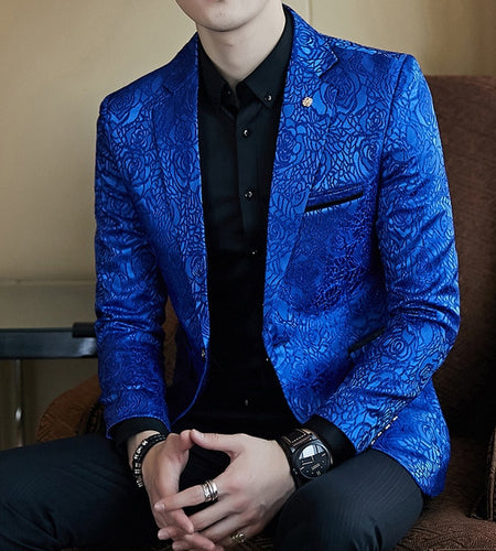 Elegant Rose Jacquard Print Slim Fit Blazer-men-wanahavit-blue-M-wanahavit