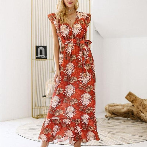 Load image into Gallery viewer, Ruffle Boho Summer Hollow Out Sash Tie Up Long Maxi Dress-women-wanahavit-Print-S-wanahavit
