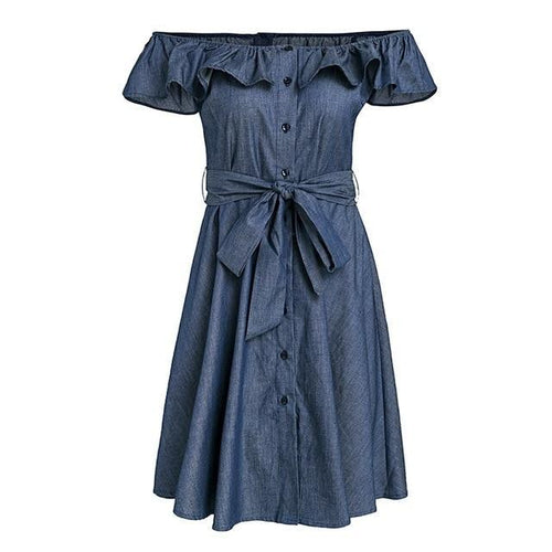 Load image into Gallery viewer, Ruffle Off Shoulder Bow Know Summer Backless Dress-women-wanahavit-Navy blue-S-wanahavit
