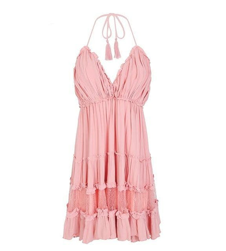 Strap Backless Mini Summer Tassel Dress-women-wanahavit-Pink-S-wanahavit
