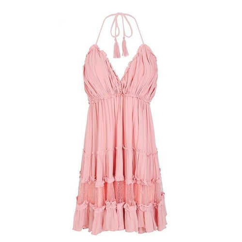 Load image into Gallery viewer, Strap Backless Mini Summer Tassel Dress-women-wanahavit-Pink-S-wanahavit
