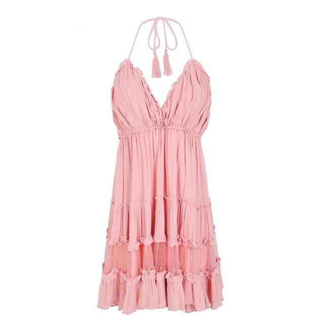 Strap Backless Mini Summer Tassel Dress-women-wanahavit-Pink-S-wanahavit