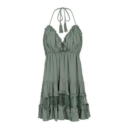 Load image into Gallery viewer, Strap Backless Mini Summer Tassel Dress-women-wanahavit-Olive-green-S-wanahavit
