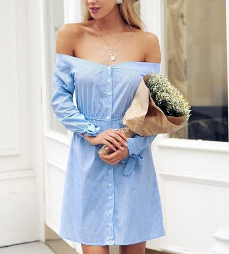 Sexy Off Shoulder Summer Tie Up Button Dress-women-wanahavit-Blue-S-wanahavit