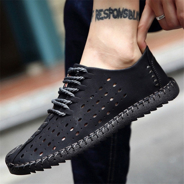 Summer Microfiber Leather Breathable Hole Lace Up Shoe-men-wanahavit-black shoes-38-wanahavit