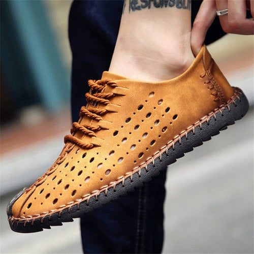 Load image into Gallery viewer, Summer Microfiber Leather Breathable Hole Lace Up Shoe-men-wanahavit-yellow shoes-38-wanahavit
