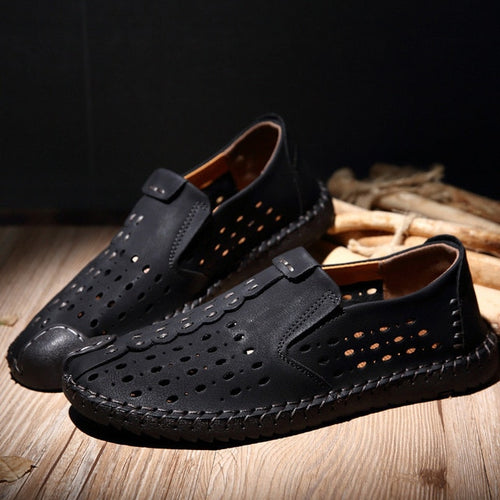 Load image into Gallery viewer, Breathable Hole Summer Leisure Beach Moccasin Shoe-men-wanahavit-Black Loafers-38-wanahavit
